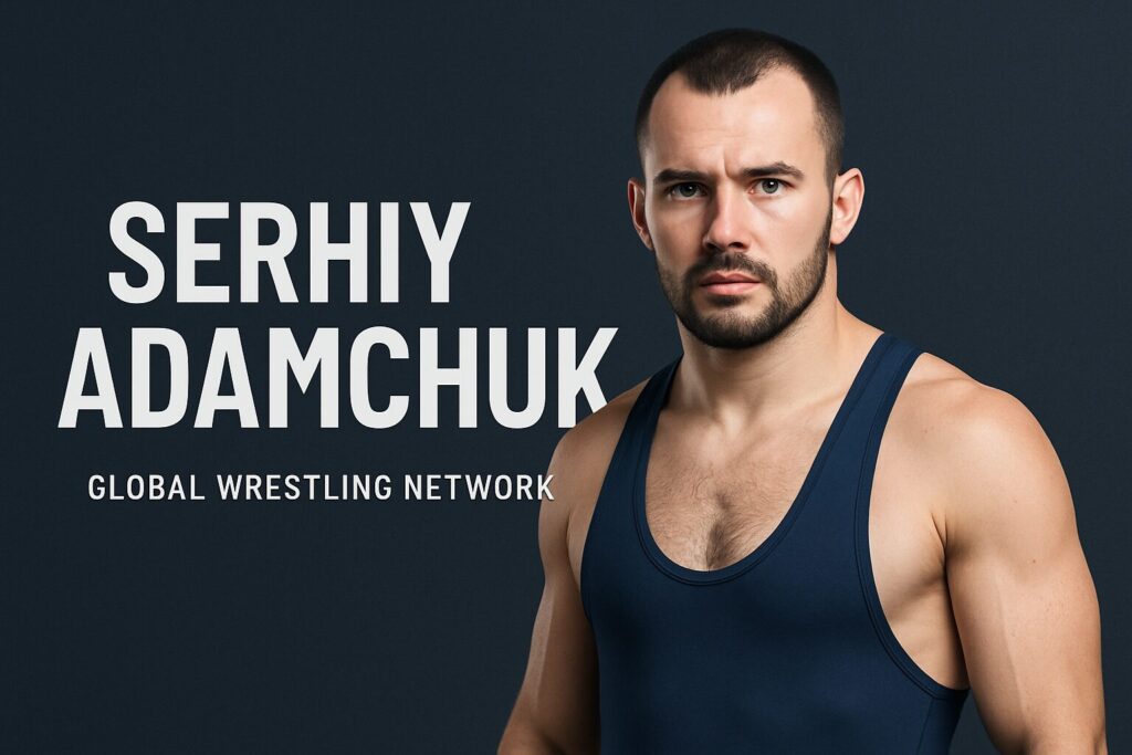 Wrestler Serhiy Adamchuk in navy singlet.