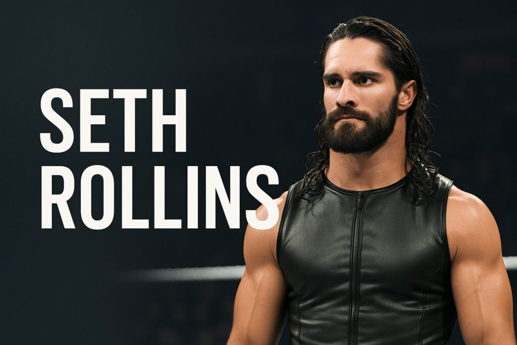 Bearded man in black vest, white lettering.