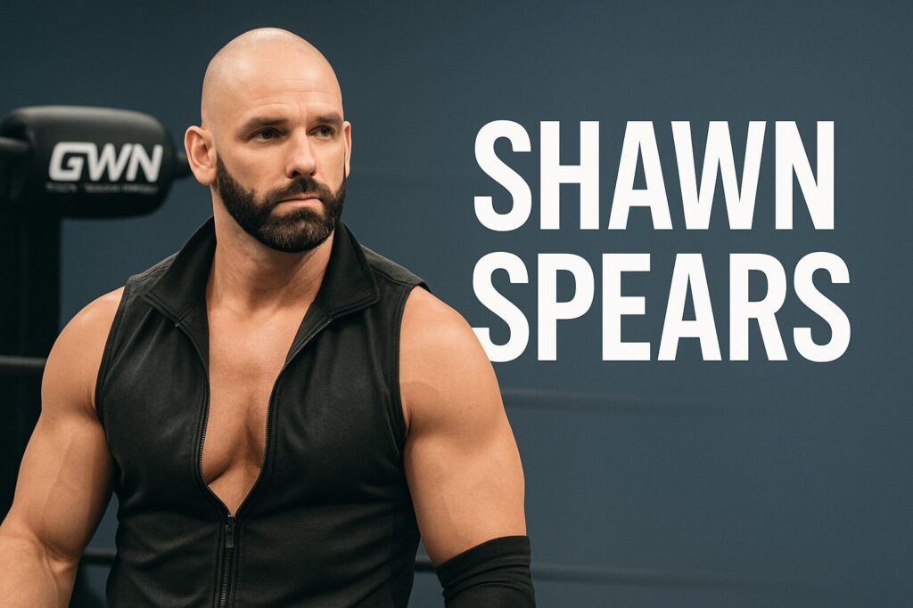 Muscular bald bearded man in wrestling ring.