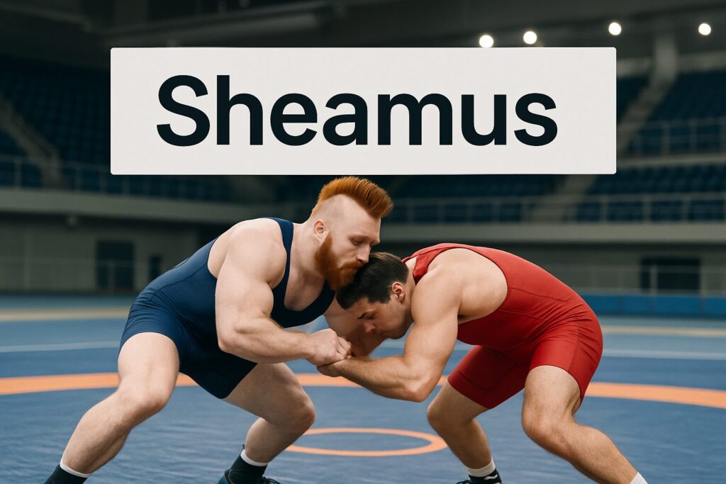 Redheaded wrestler grappling opponent beneath Sheamus sign