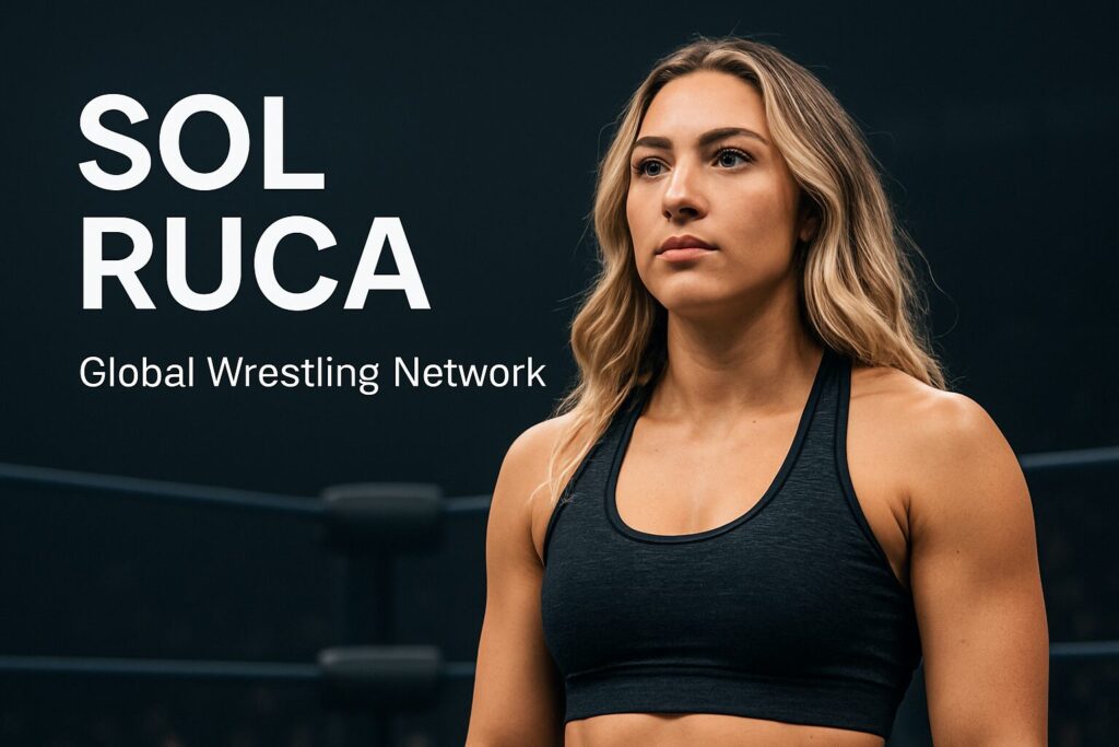 Female wrestler beside SOL RUCA text.