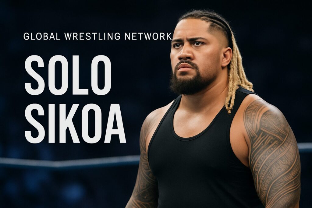 Muscular wrestler with braided hair and tattoos.
