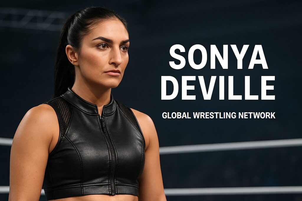 Female wrestler wearing black leather crop-top