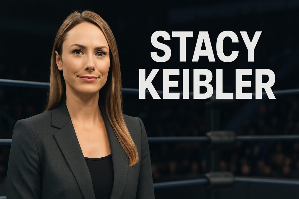 Woman in blazer beside text STACY KEIBLER