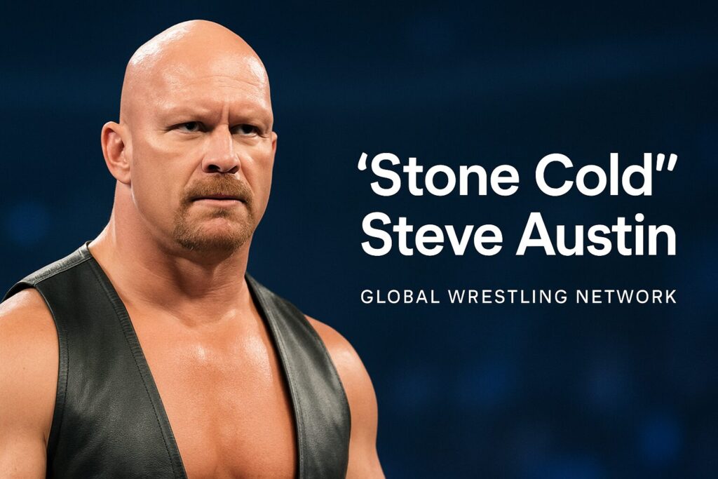 Bald muscular wrestler with goatee in vest