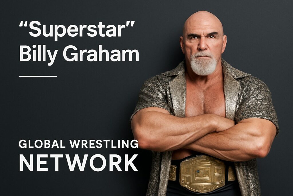 Bald muscular wrestler wearing championship belt.