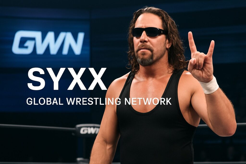 Male wrestler in sunglasses making horns gesture.