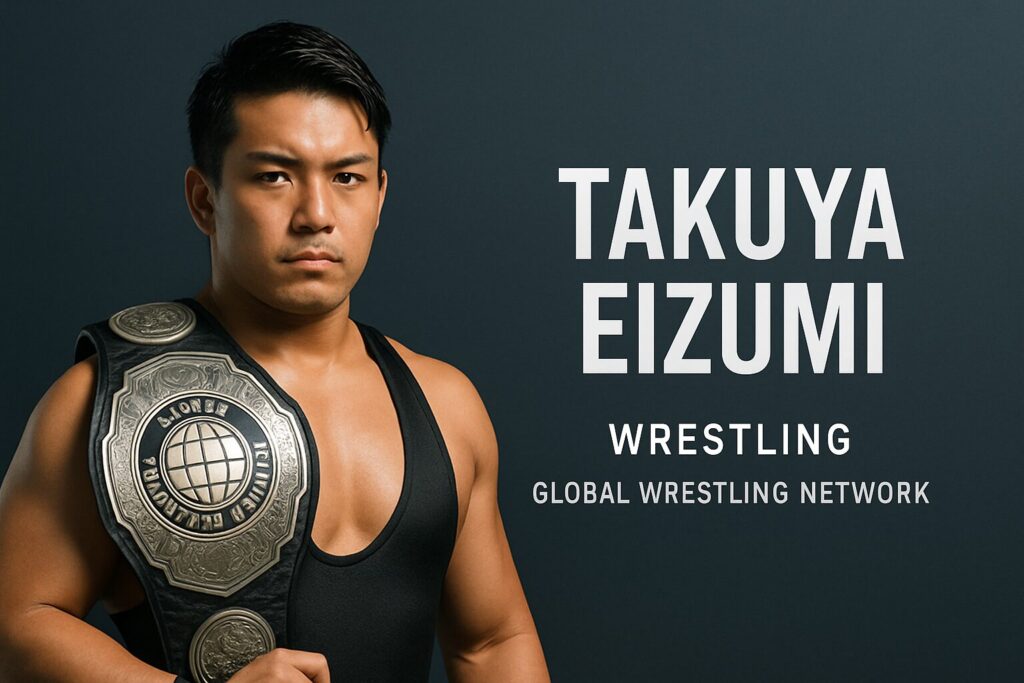 Wrestler with championship belt beside TAKUYA EIZUMI.