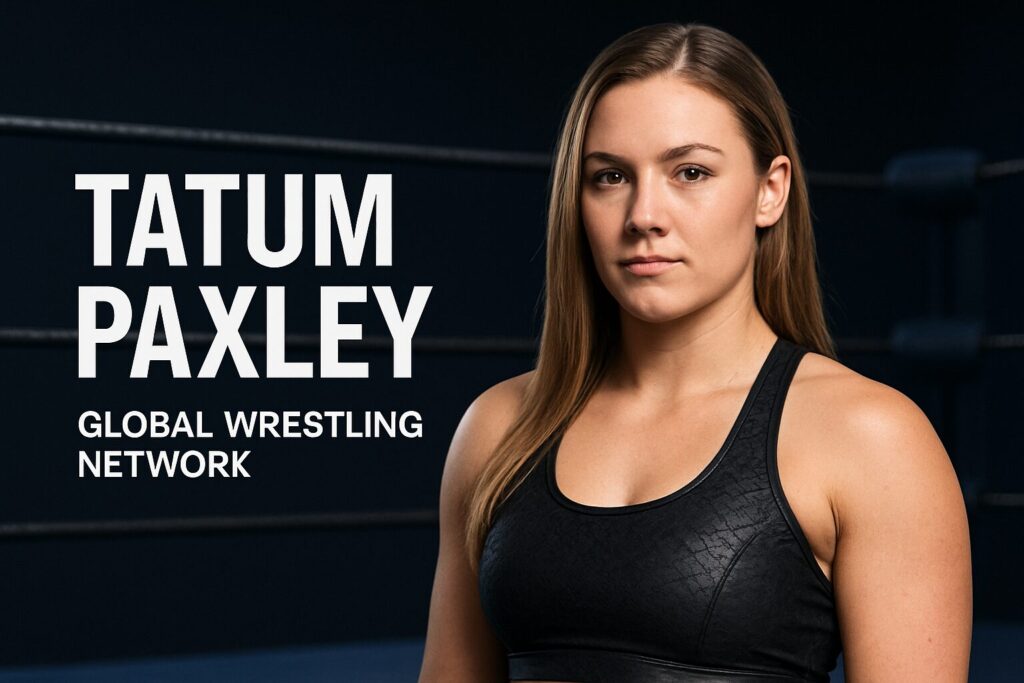 Female wrestler in ring with promotional text
