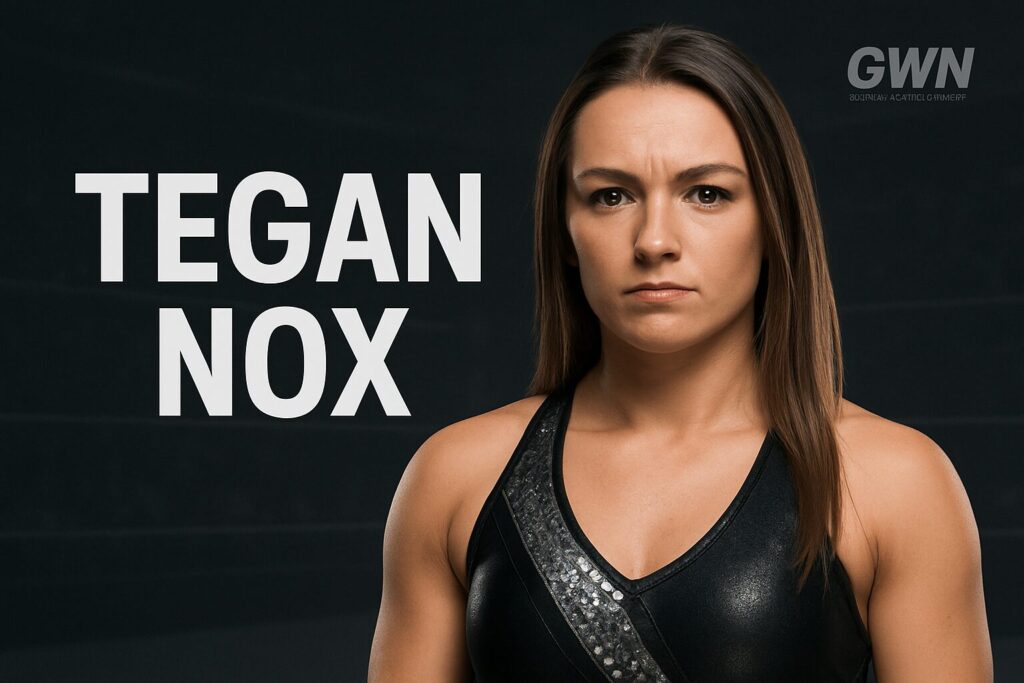 Serious female athlete, large name text