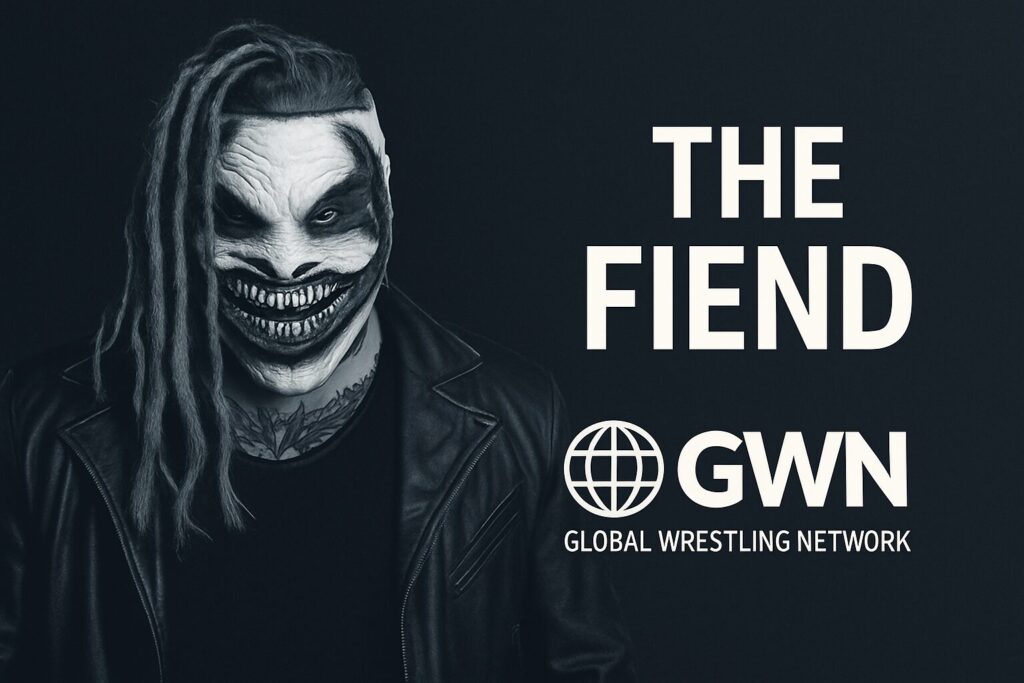 Masked dreadlocked wrestler beside THE FIEND text