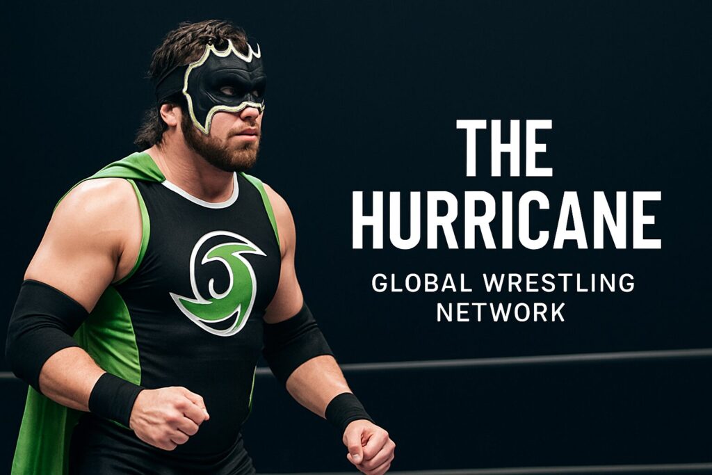 Masked wrestler with green hurricane emblem