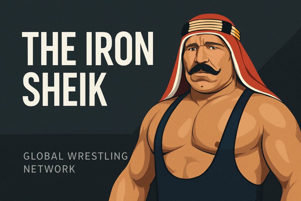 Stocky wrestler with mustache and red headscarf