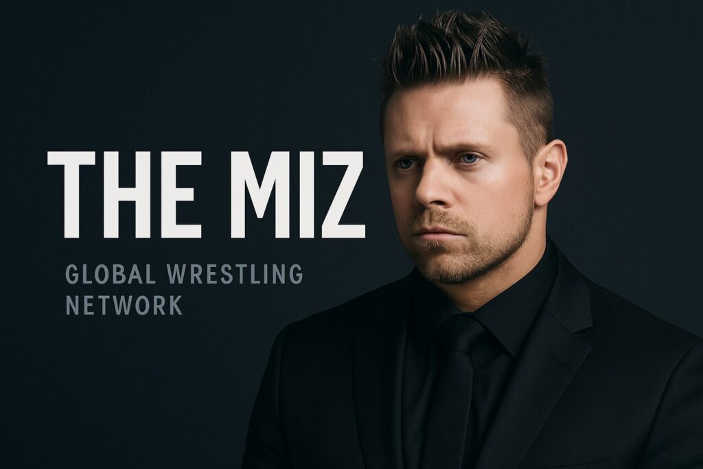 Serious man in suit beside wrestling text
