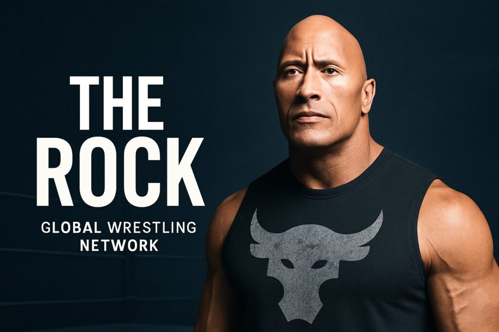 Bald muscular man beside THE ROCK text