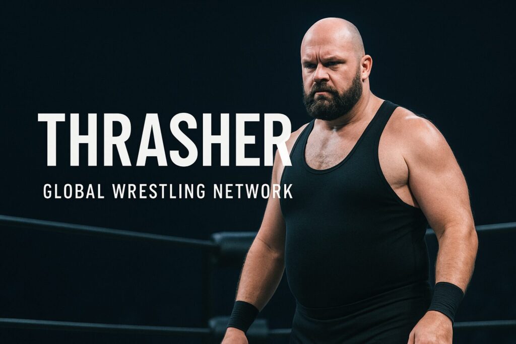 Bald bearded wrestler in ring with THRASHER