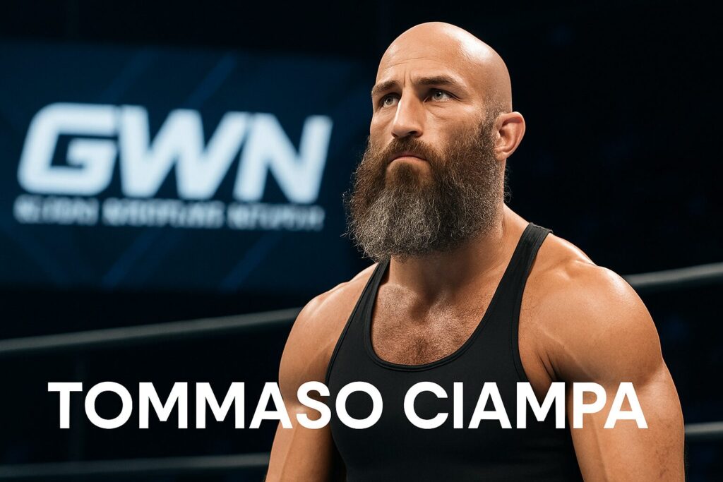 Bald bearded wrestler in ring, black tank