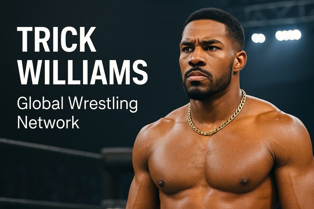Muscular shirtless wrestler wearing gold chain