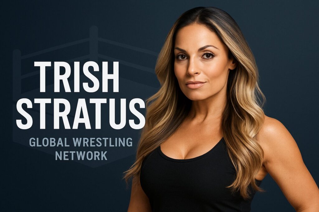 Athletic woman with wavy hair, wrestling text.