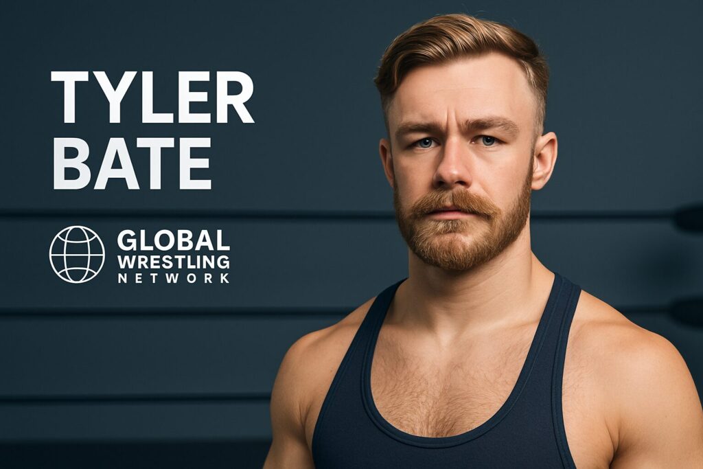Bearded wrestler in singlet with logo