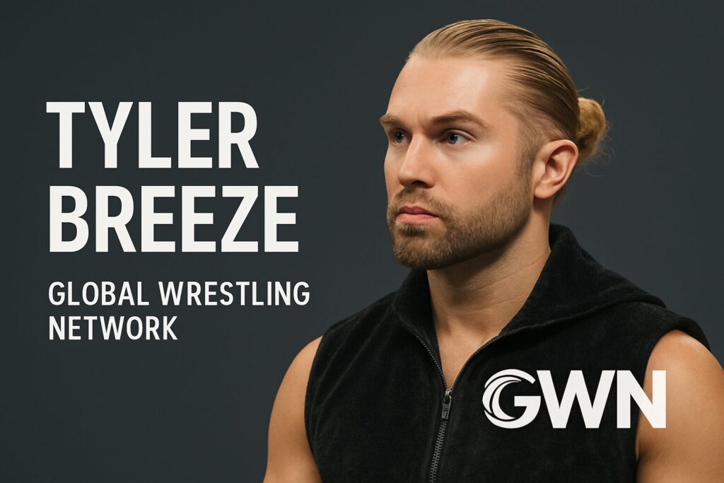 Bearded wrestler portrait, text reads TYLER BREEZE
