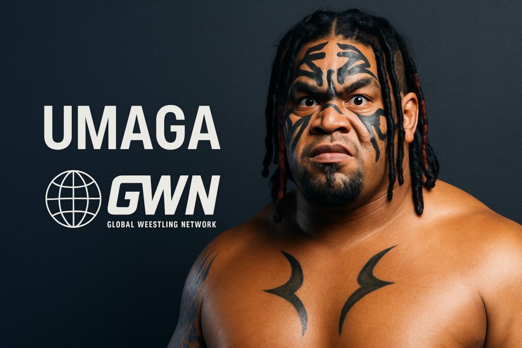 Promotional wrestling poster featuring tattooed, dreadlocked wrestler