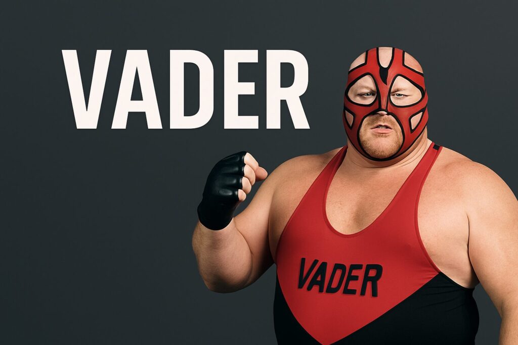 Masked wrestler VADER in red singlet.