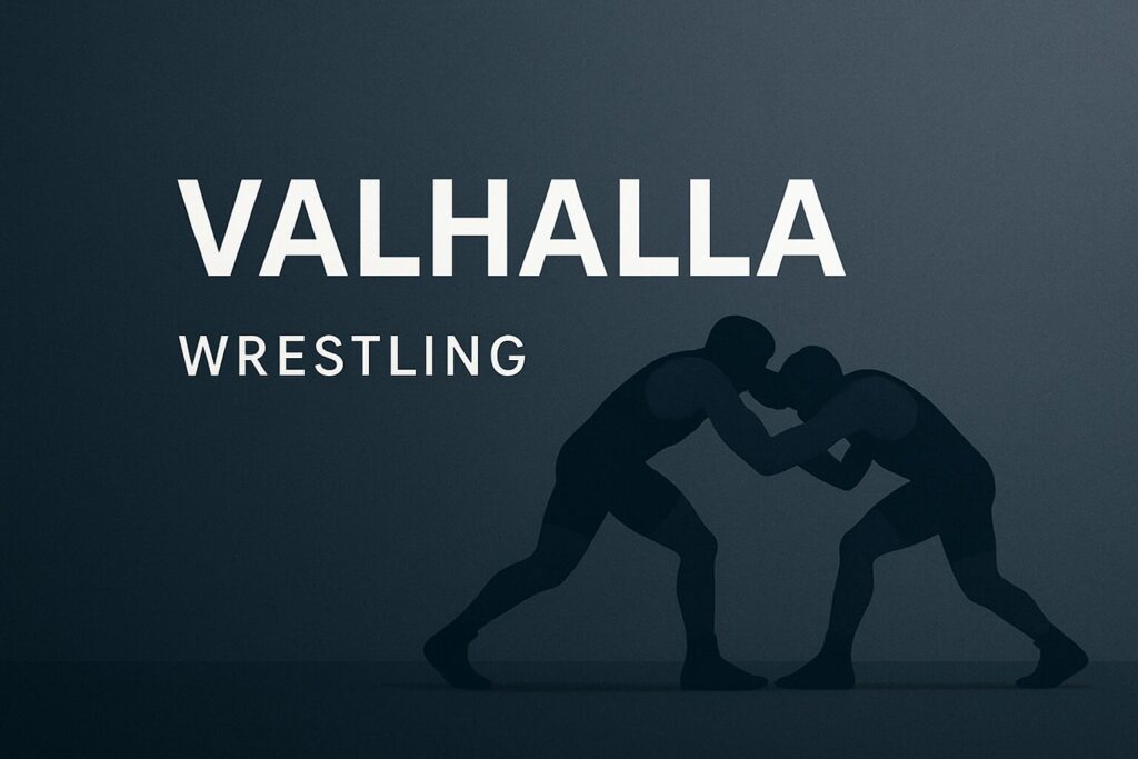 Two wrestlers grappling beneath VALHALLA WRESTLING