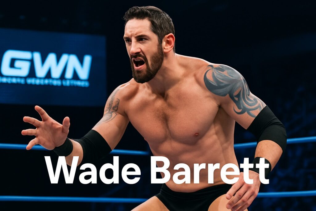 Bearded muscular wrestler with arm tattoo yelling