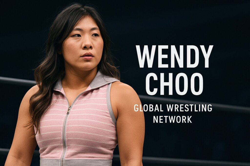 Female wrestler in pink zip-up, wrestling ring