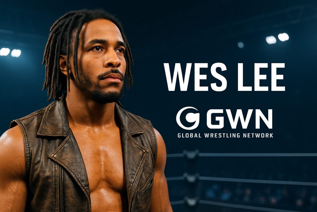 Wrestler with dreadlocks and WES LEE text.