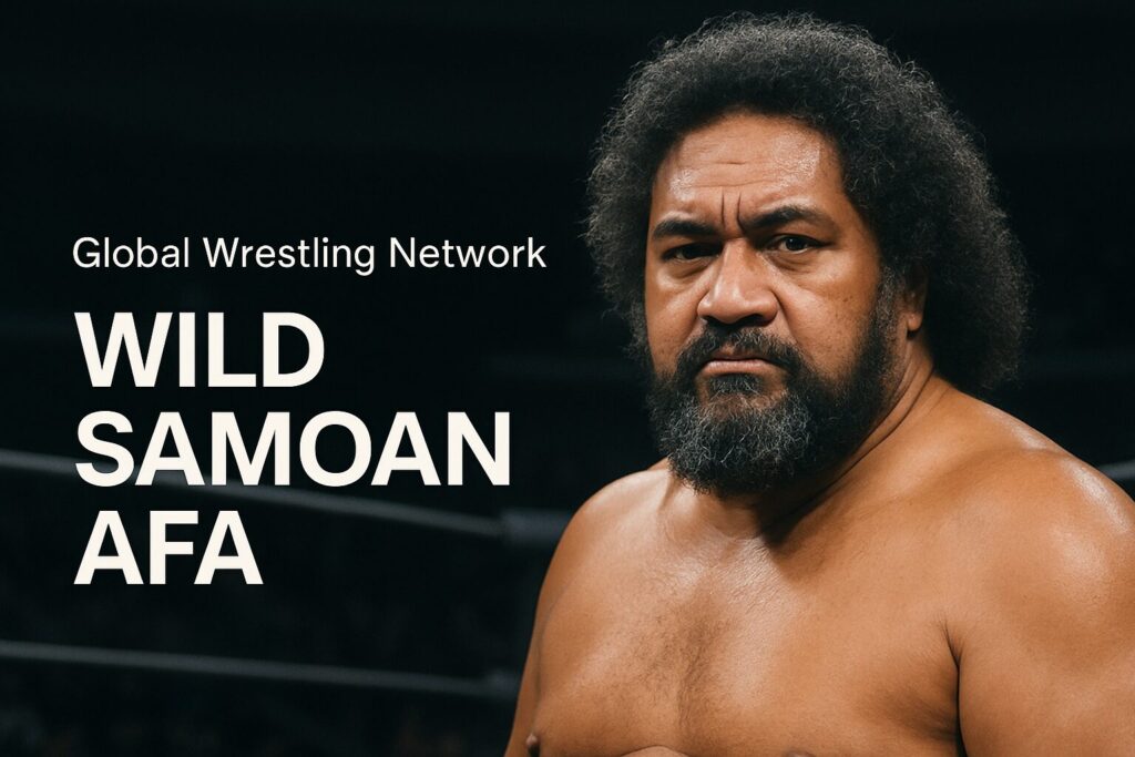Bearded wrestler with large promotional text