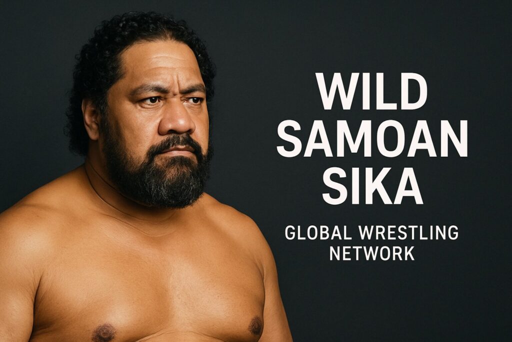 Shirtless bearded wrestler portrait with promotional text