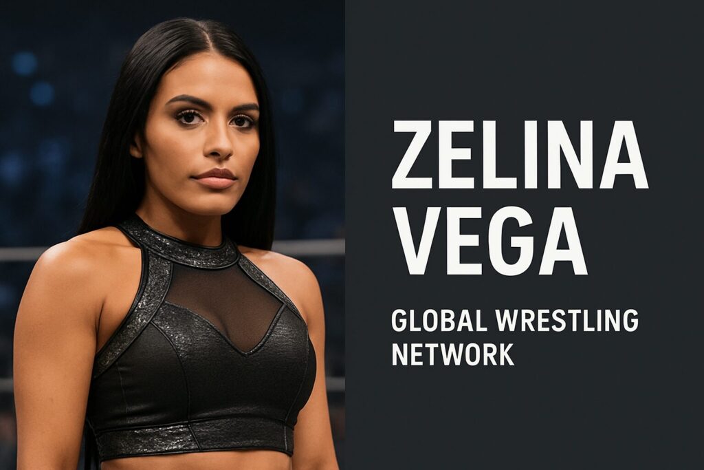 Woman in black wrestling outfit, name text