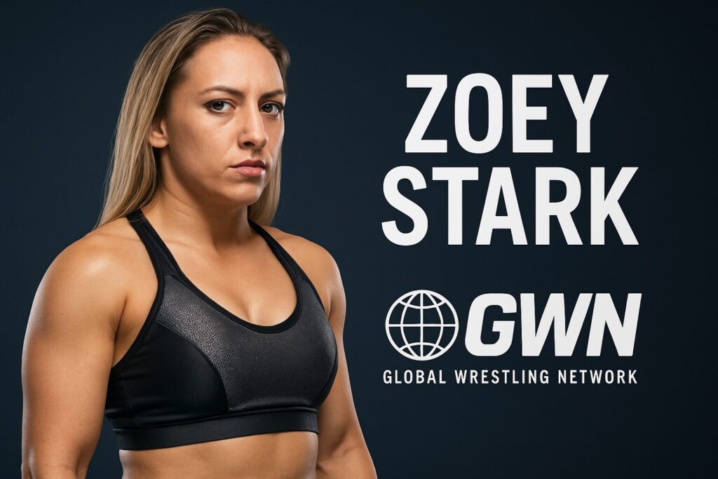 Serious female wrestler in black sports bra