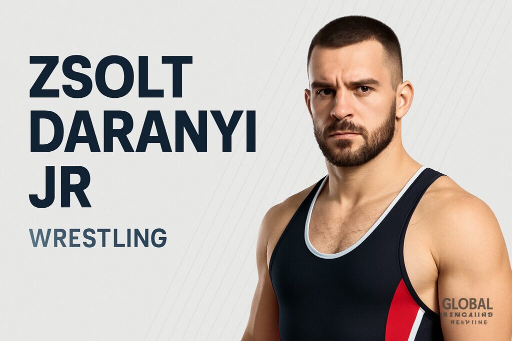 Bearded wrestler in singlet, promotional poster